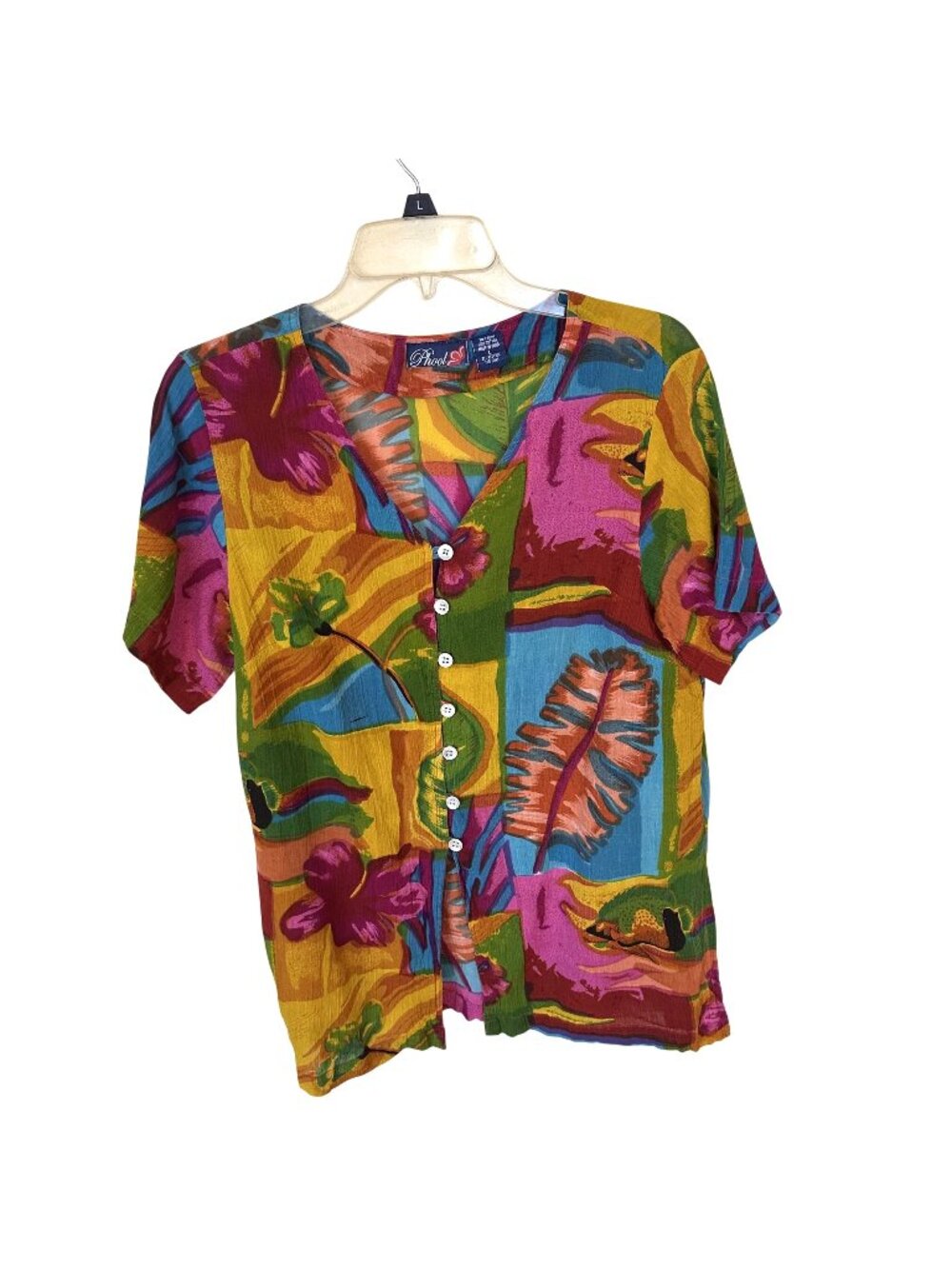 Vtg Phool Womens Tropical Blouse V Neck Short Sleeve Lightweight  Cotton